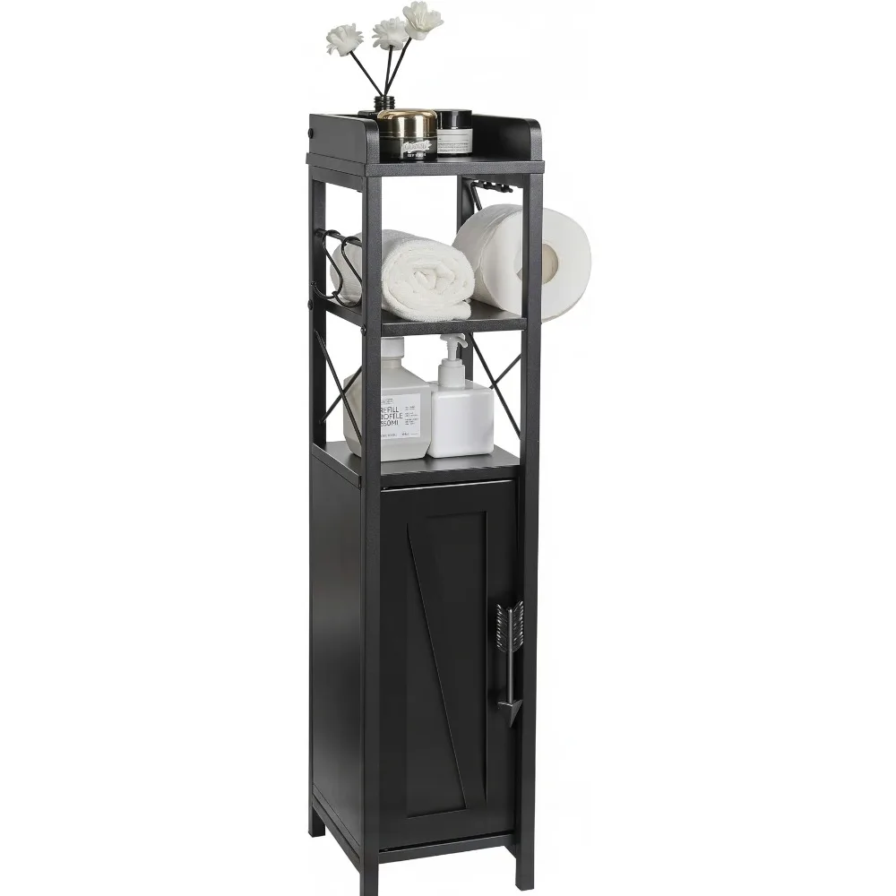 

Тонкий шкаф для ванной комнаты с дверцей, металлический органайзер для хранения небольших помещений, водонепроницаемое покрытие, черный