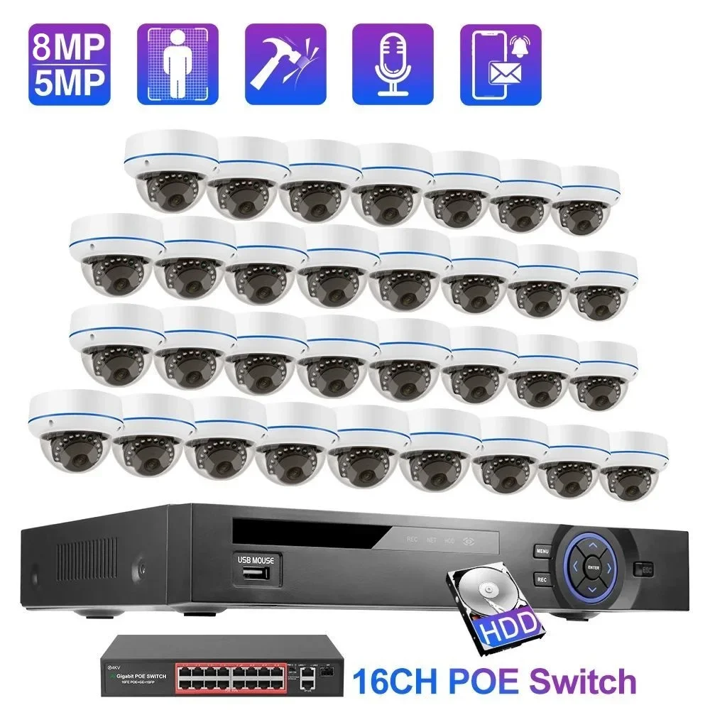 屋内＆屋外対応 5MP 8MP 32CH セキュリティカメラシステム 24～32台 PoE ドーム型・タレット型カメラ IP有線 顔認識機能付き 32CH 4K NVRキット