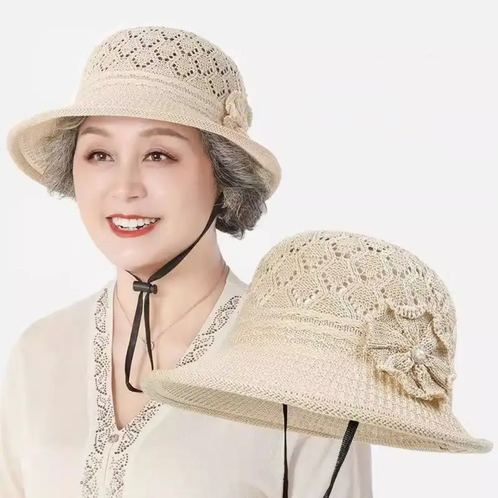 

Handmade Sun Protection Flower Pearl Woven Hat Breathable Braided Flower Sun Hat Hollow Foldable Weave Bucket Hat Travel