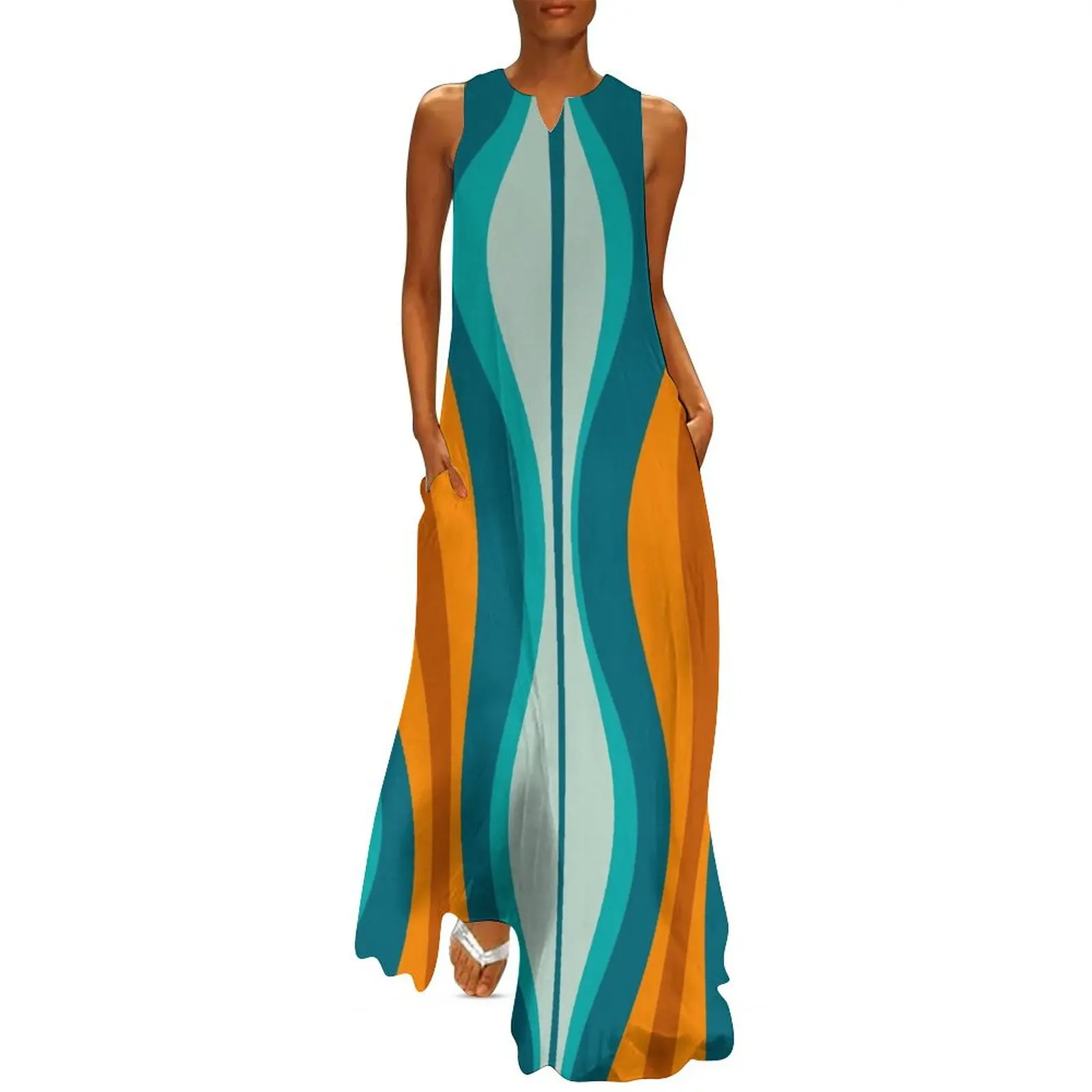 

Hourglass Abstract Midcentury Modern Pattern in Orange, Rust, Aqua, Turquoise, and Teal Long Dress Dresses