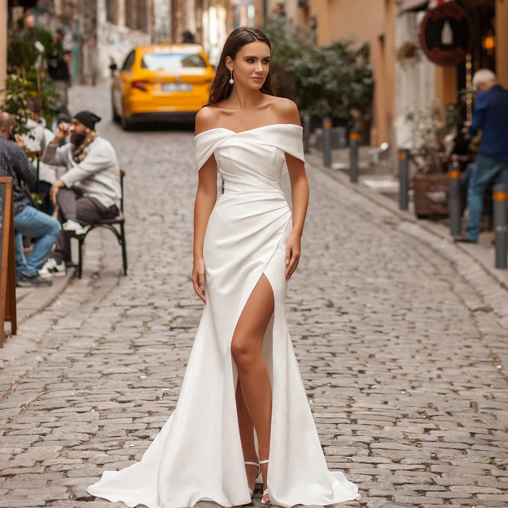 Elegant Off The Shoulder Satin Sheath/Mermaid Wedding Dresses Side Slit Detachable Train Formal Bridal Grown 2025 Rode De