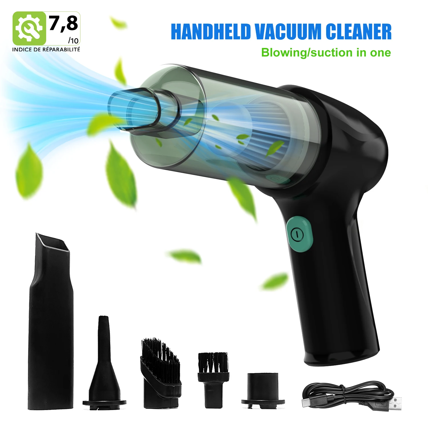 Handheld mini wireless car vacuum cleaner, high power, 2 in 1 blowing and suction, with multiple blowing heads, Type-C charging