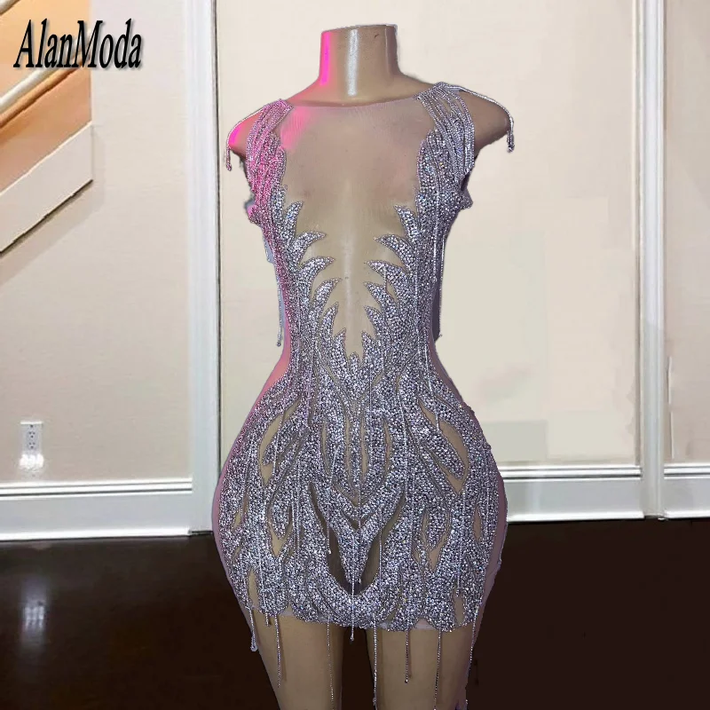 Shinny Rhinestone Homecoming Dresses Black Girls Sheer Neck Mini Cocktail Party Gowns For Women Velvet Birthday Dinner Dress