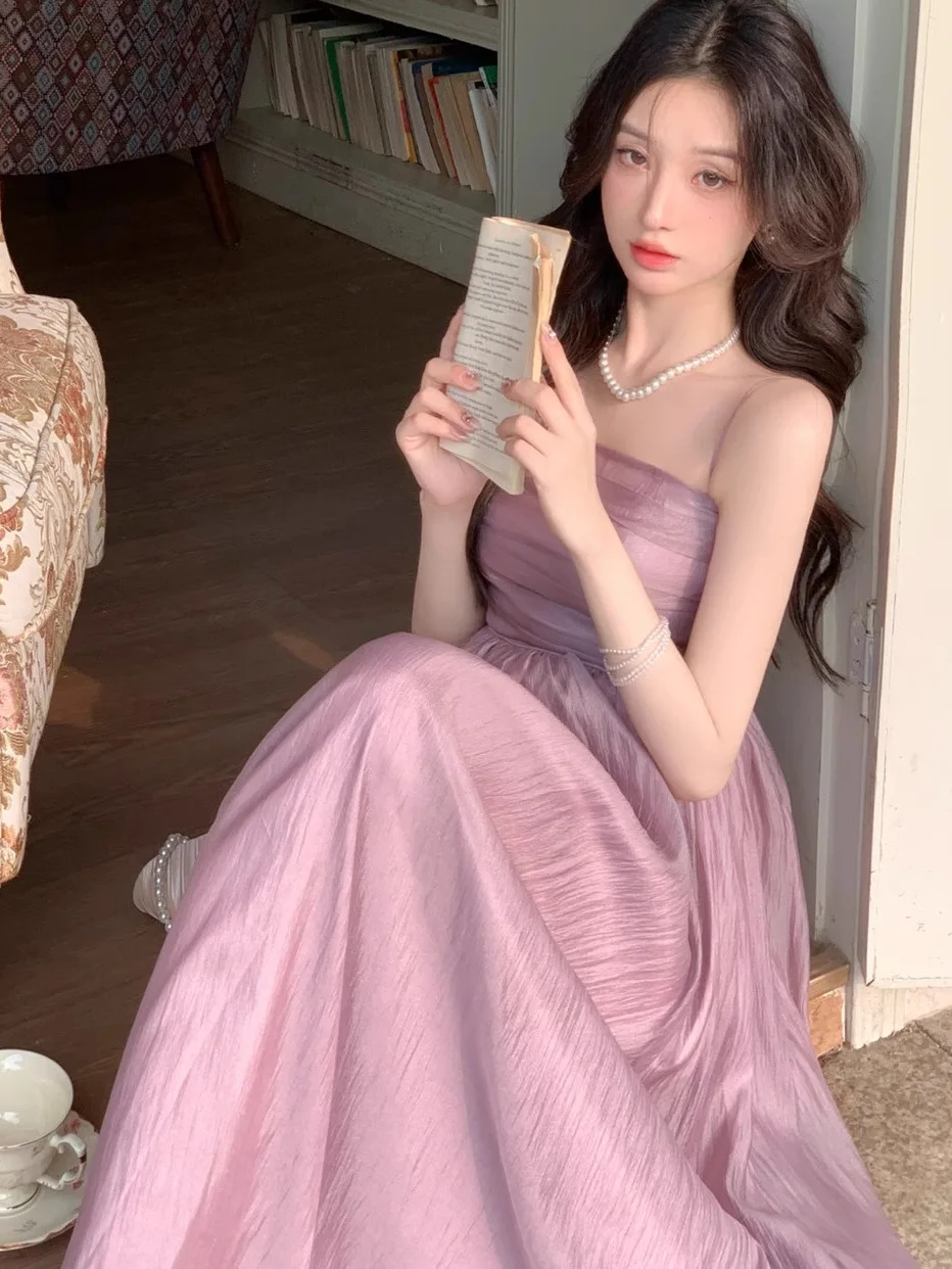 Purple camisole dress 2024 sleeveless high waisted A-line dress solid color waist tightening slimming long dress for women QKL7