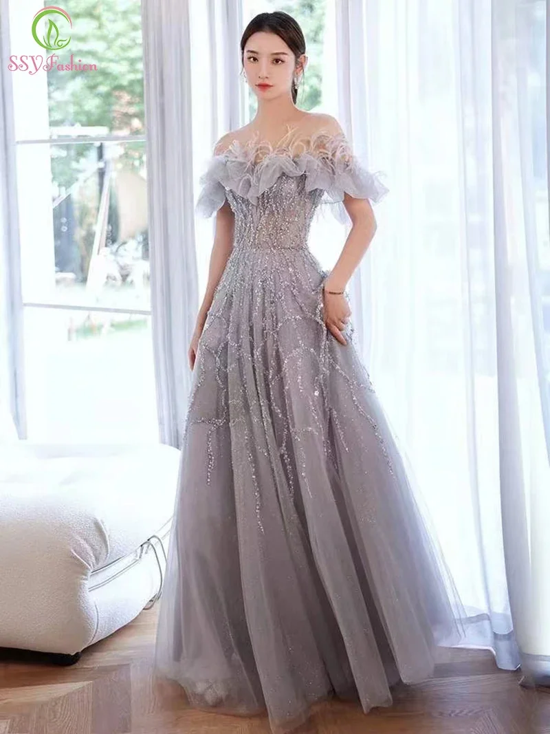 Customized  Luxury Long Evening Dress Feathers Glittering Sequins Beading A-line Formal Party Gowns for Women Vestidos De Noche