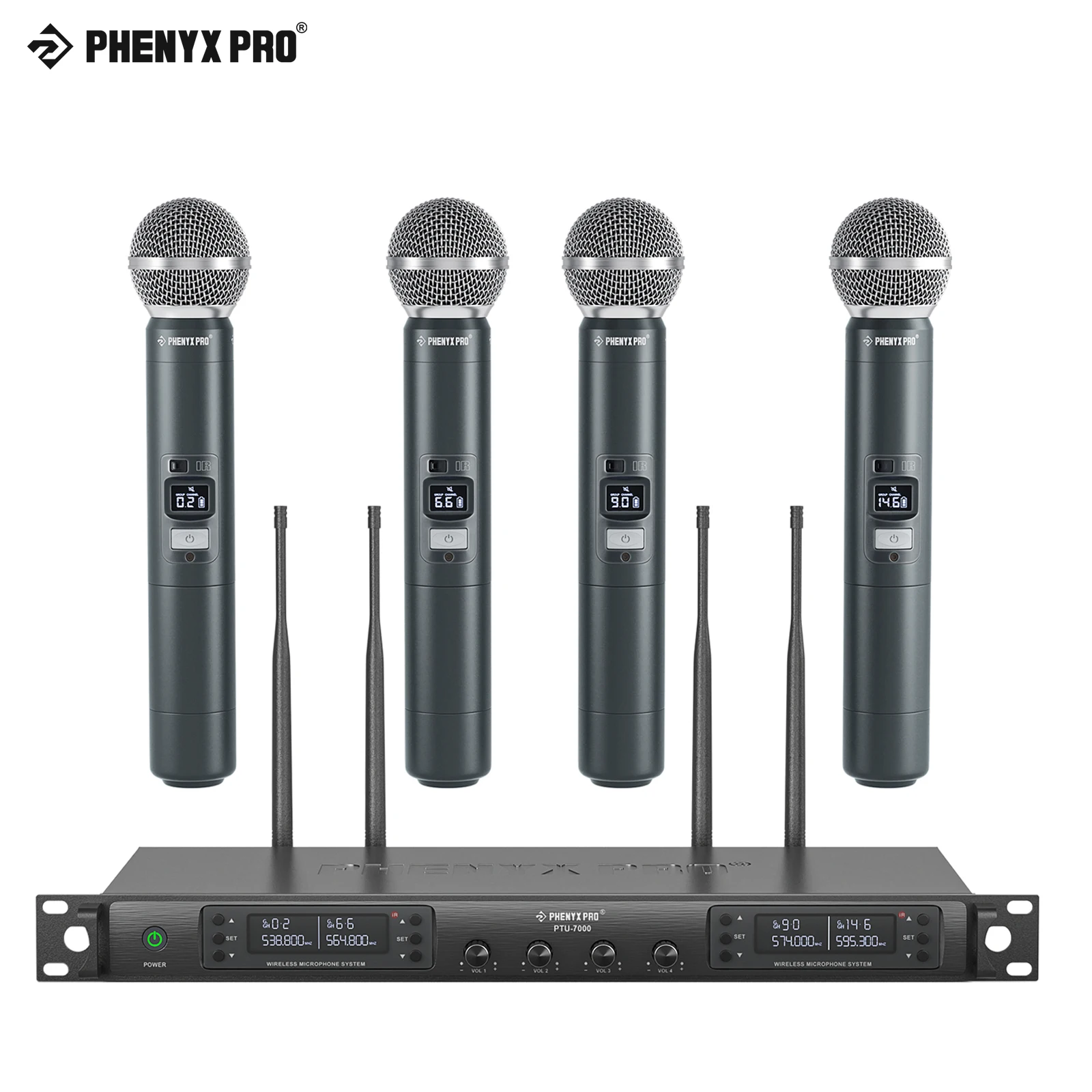 

PTU-7000 Phenyx Pro Professional Quad Channel UHF Wireless Microphone System Handheld Mics For Church, DJ, Sing, Karaoke