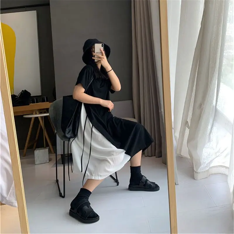 Summer Loose Black White Contrast T Shirt Dress Short Sleeve Irregular Fake Two Piece Casual Dresses Fashion Trend Women Clothes