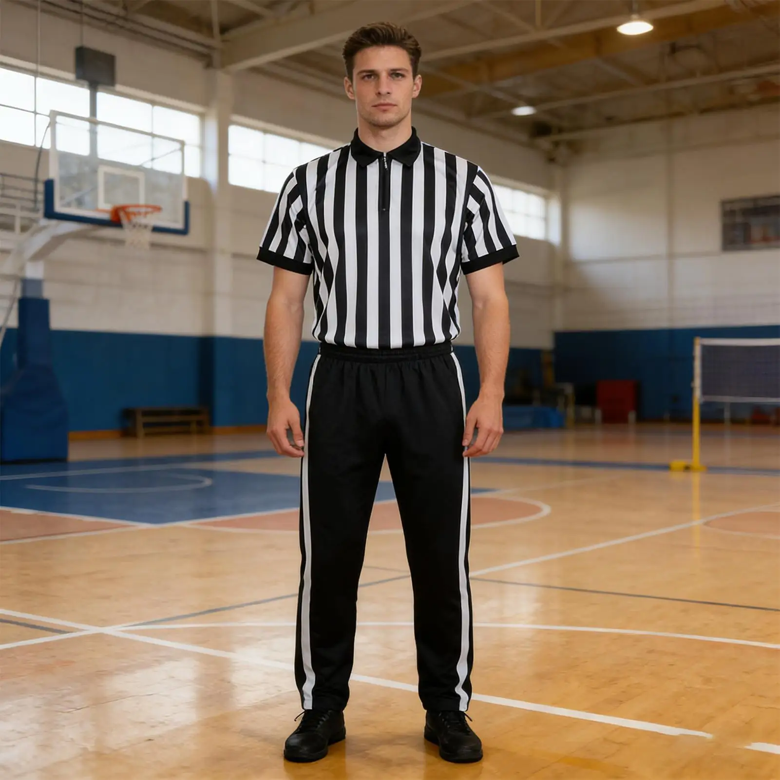 

Referee Shirt Black White Stripes Costume Short Sleeve V-Neck Football Referee Shirt With Pants For Soccer Basketball Hockey