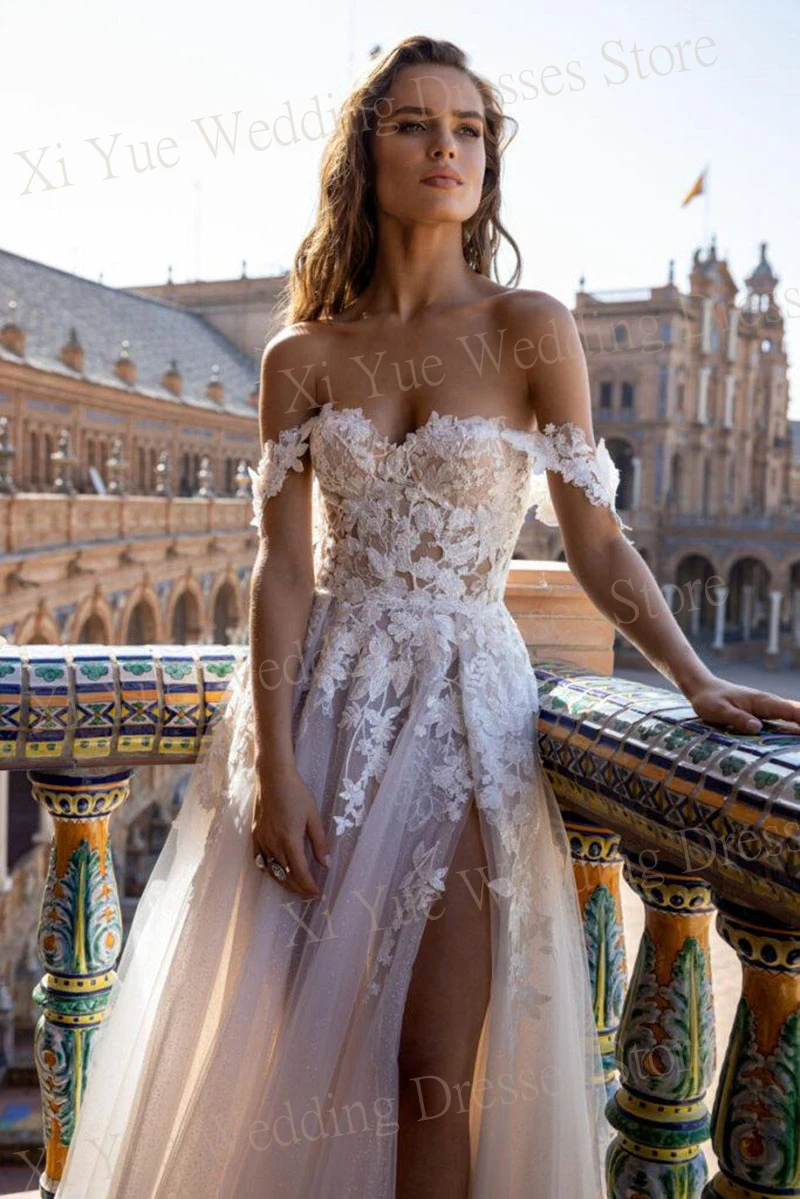 Vestidos de novia bohemios con hombros descubiertos, apliques de encaje, línea A, Sexy, abertura lateral alta, 2024