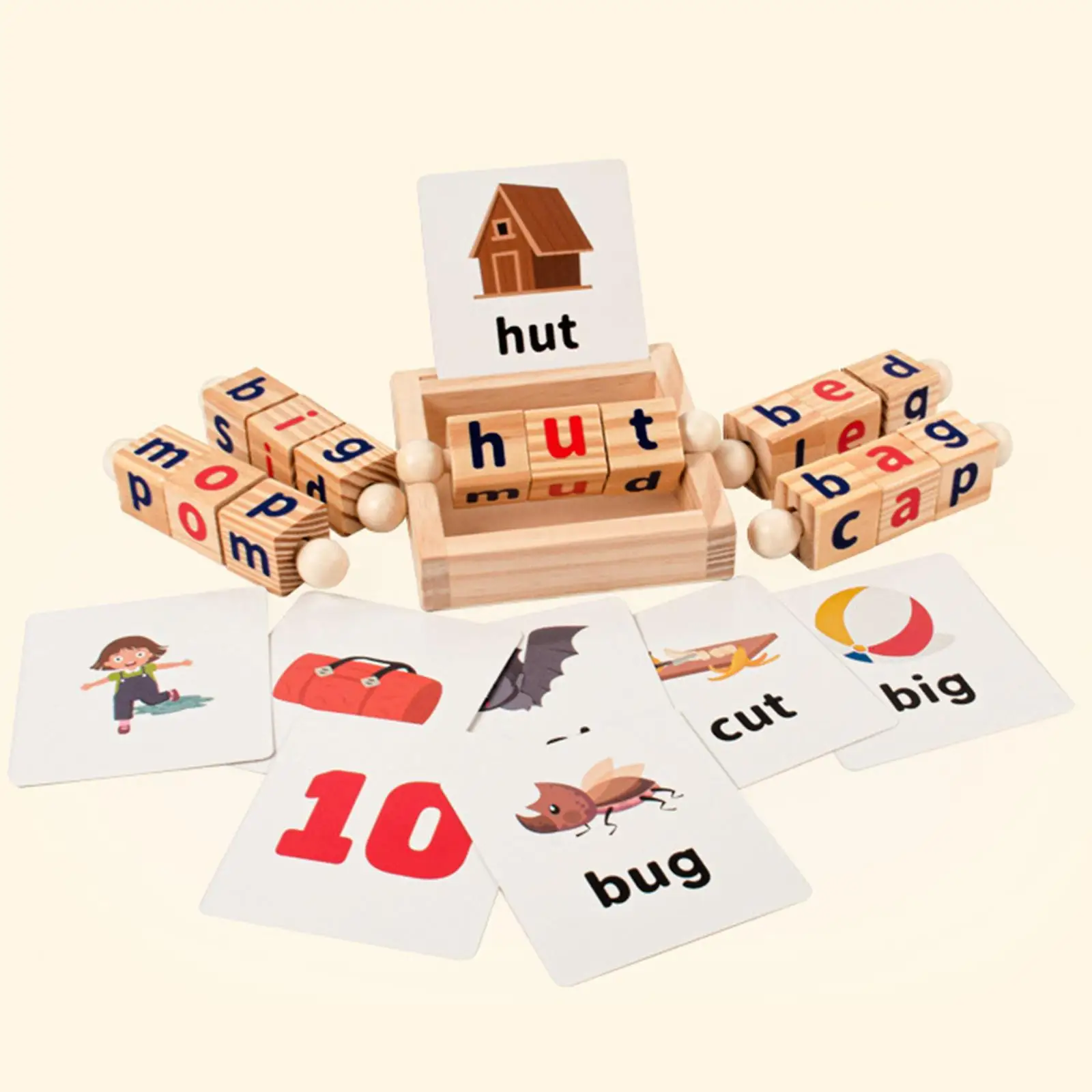 Wooden Reading Blocks Flash Cards Spelling Games Rotating Matching Letters Toy