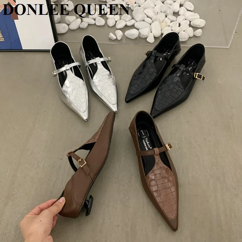 Fashion Pointed Toe Flats Heel Shoes Women Loafers 2023 New Autumn Dress Shoes Ankle Strap Mary Jane Shoes Brand Weave Ballerina