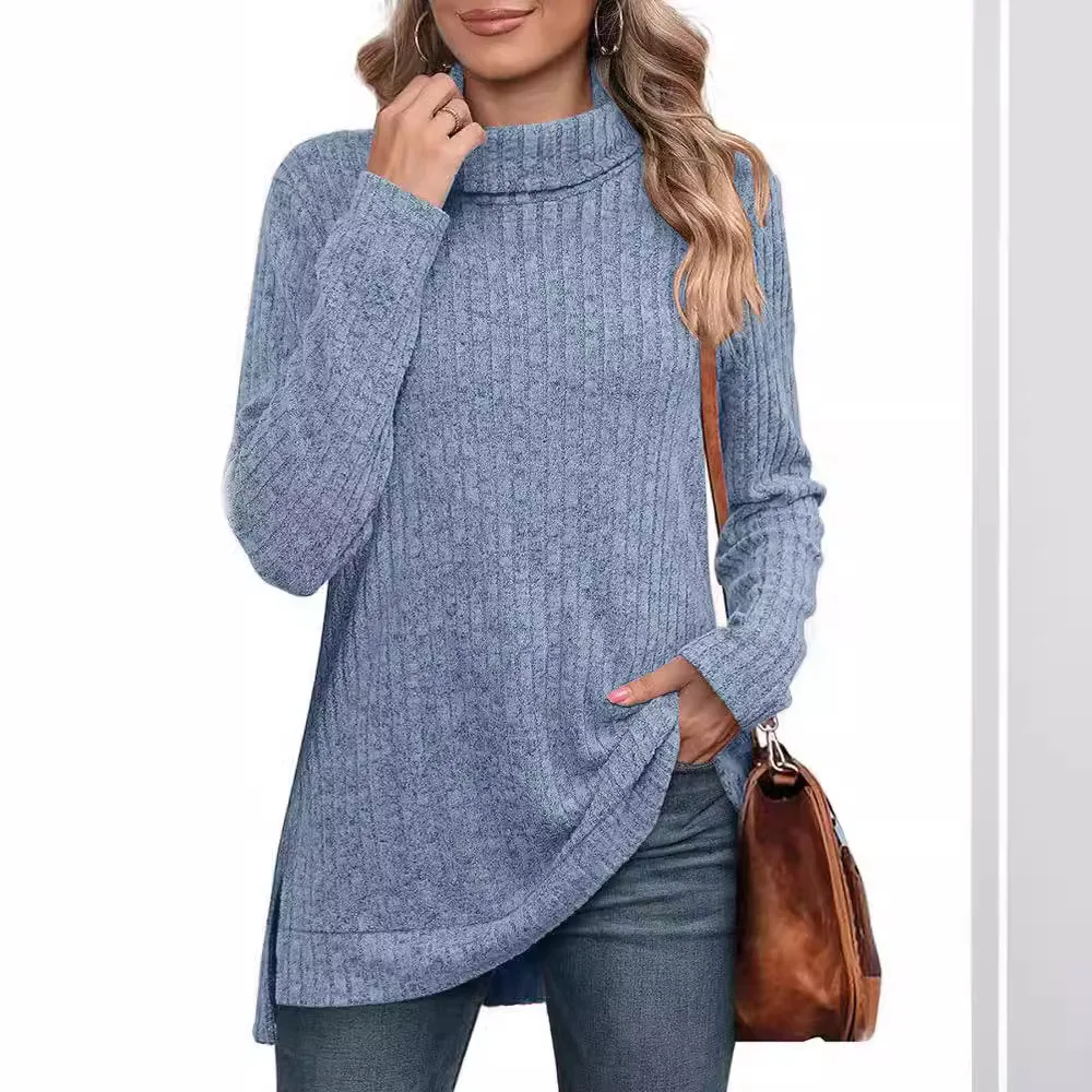 فضفاض عالية الياقة تي شيرت المرأة لون نقي بلو شريط تصميم الخريف الشتاء جديد Sle للتخصيص Faion #3