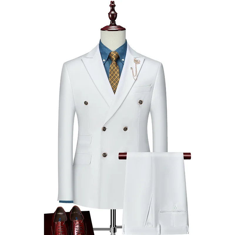 

Double Breasted Men Suits with Peaked Lapel Slim Fit 2 Piece Groomsmen Wedding Tuxedo Male Fashion Prom Costume Jacket Pants Set