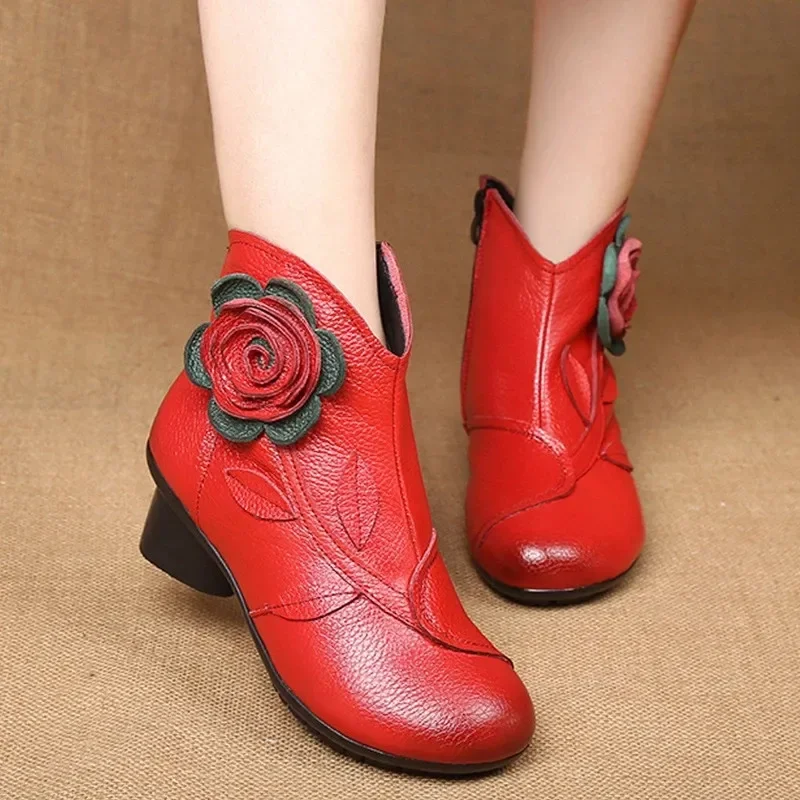 BEYARNE  Handmade Boots Flower Solid Color Womens Low Heel Genuine Leather Soft Short Boots Women Shoes Botas Mujer