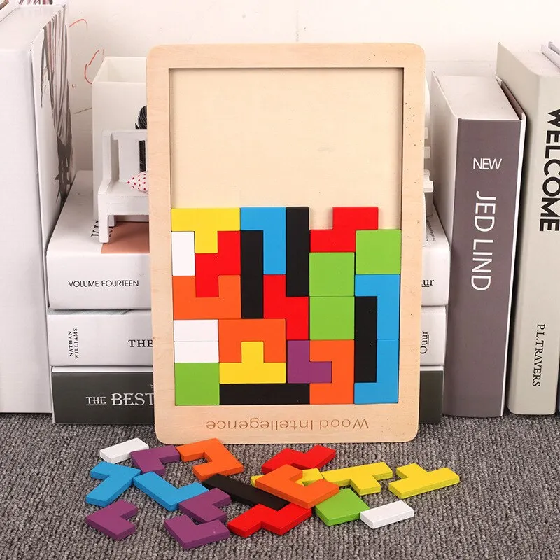 1 Set Houten Blokken Puzzel Brain Teasers Speelgoed Tangram Jigsaw Intelligentie Kleurrijke 3D Russische Blokken Montessori Educatief