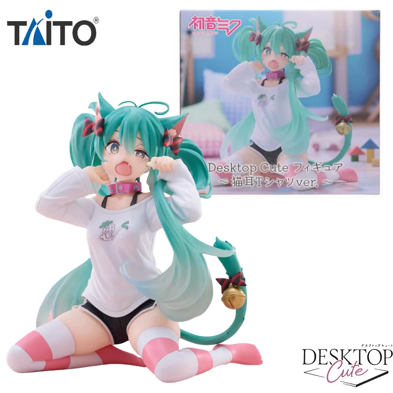 In Stock Genuine TAiTO Desktop Cute Hatsune Miku ~Cat Ear Long T-shirt Ver.~ PVC 13CM Anime Action Figures Model Ornament Toy