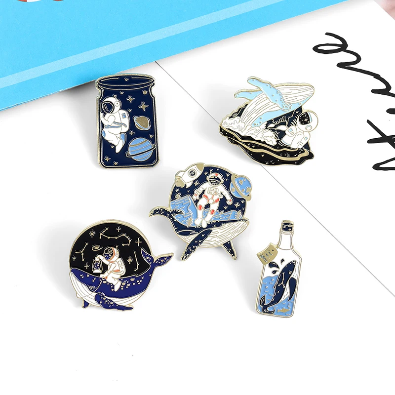 Astronaut and Whale Enamel Pin Adventure Ocean Drifting Wishing Bottle Brooches Bag Lapel Pin Badge Jewelry Gift for Friends