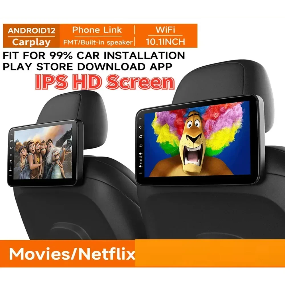 Car Screens Rear Seat Monitor Headrest TV Screen Android Auto CarPlay WiFi Movie/Netflix/Youtube Online Video Player