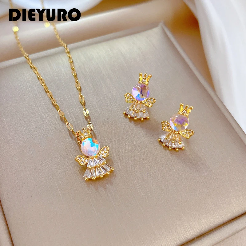 

DIEYURO 316L Stainless Steel Cute Crown Princess Charm Necklace Earrings For Women Girl New Trendy Jewelry Set Gift Party