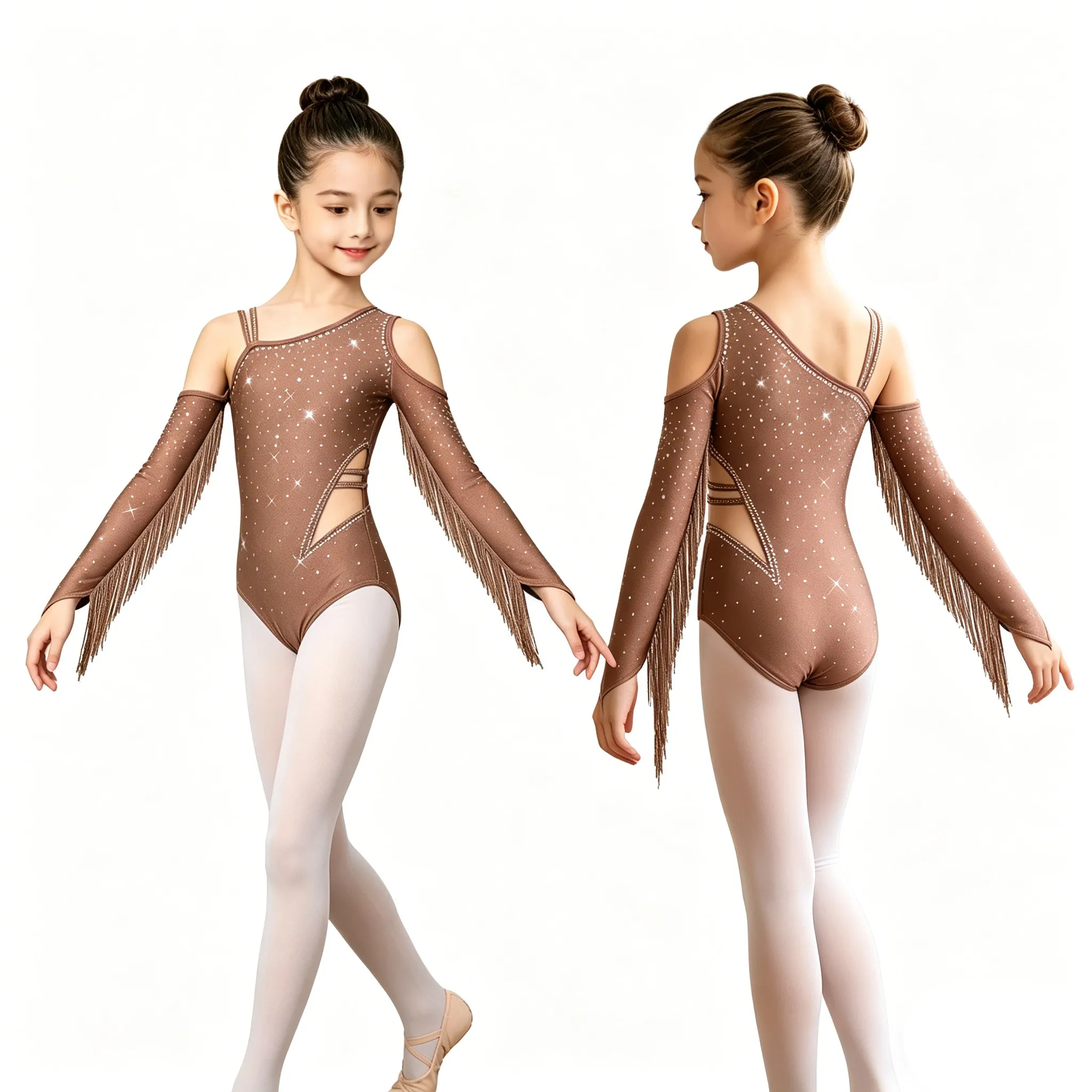 Girls Figure Skating Gymnastics Leotard Shiny Rhinestone Tassel Long Sleeve Cutout Ballet Latin Dance Cha-cha Bodysuit Dancewear