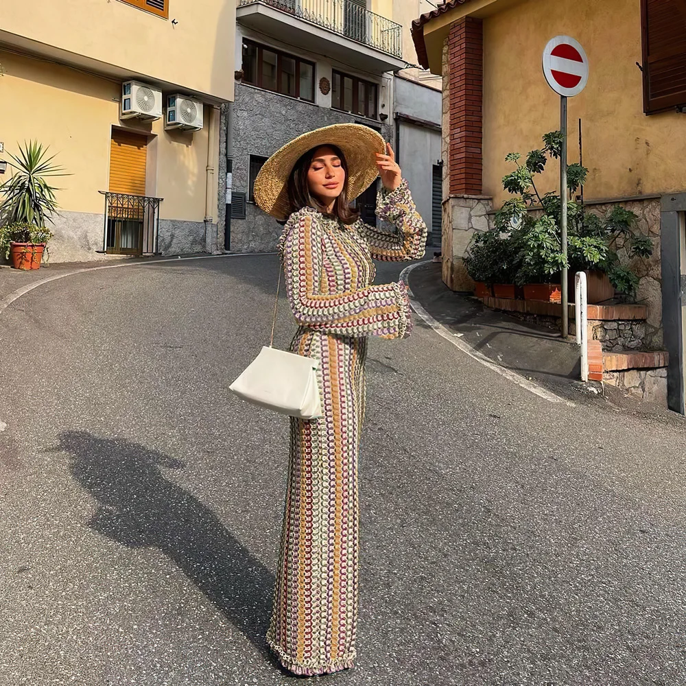 Backless Knitted Beach Dress Women Fashion Hollow Out Slim Boho Dress Summer Elegant Colorful Long Sleeve Bikini Cover Up 2024