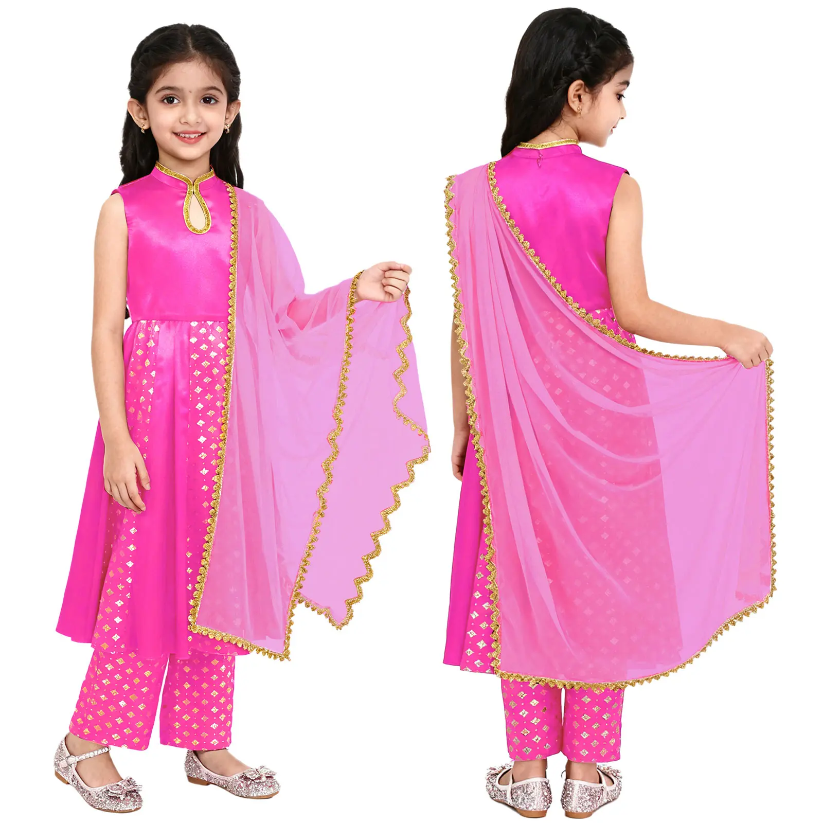 Kids Girls Metallic Print Indian Traditional Ethnic Salwar Suit Zipper Dress with Pants Halloween Theme Party Festival Costume