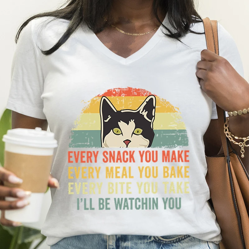 Cat Every Snack You Make Print T-shirts For Women Summer Lovely Short Sleeve Casual T-shirts Funny Ladies V-Neck Tee Shirts