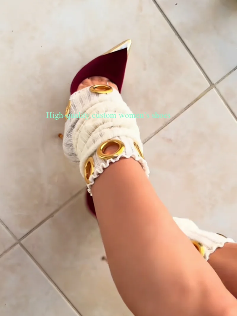 

Pointed Gold Burgundy Color-Blocked Version Spring And Autumn Style Women's High Heels Velvet Fabric Luxury Women's Shoes