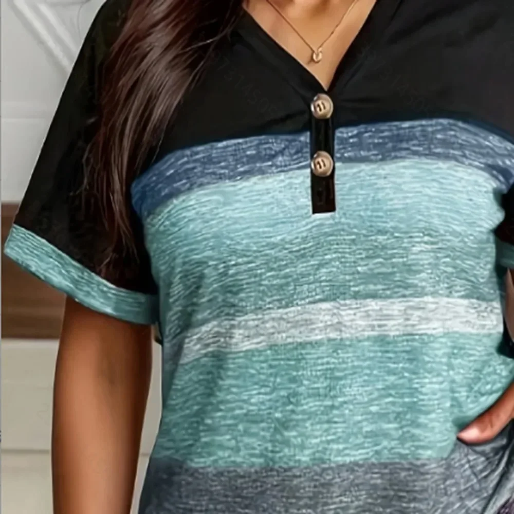 Moda damska w dużych rozmiarach 1XL-5XL, koszulka z nadrukiem, damska koszulka codzienna z kontrastowymi paskami, krótki rękaw.
