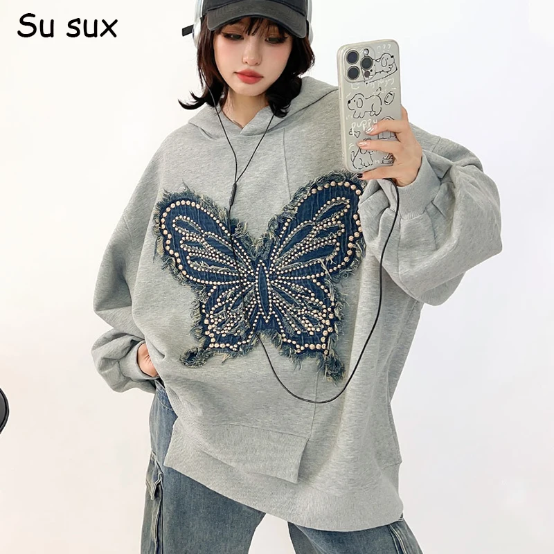 Butterfly Irregular Oversized Sweatershirt Women Clothing Casual Loose Pullover Long Sleeve Tops Sporshirt Vestidos Y2k Clothes