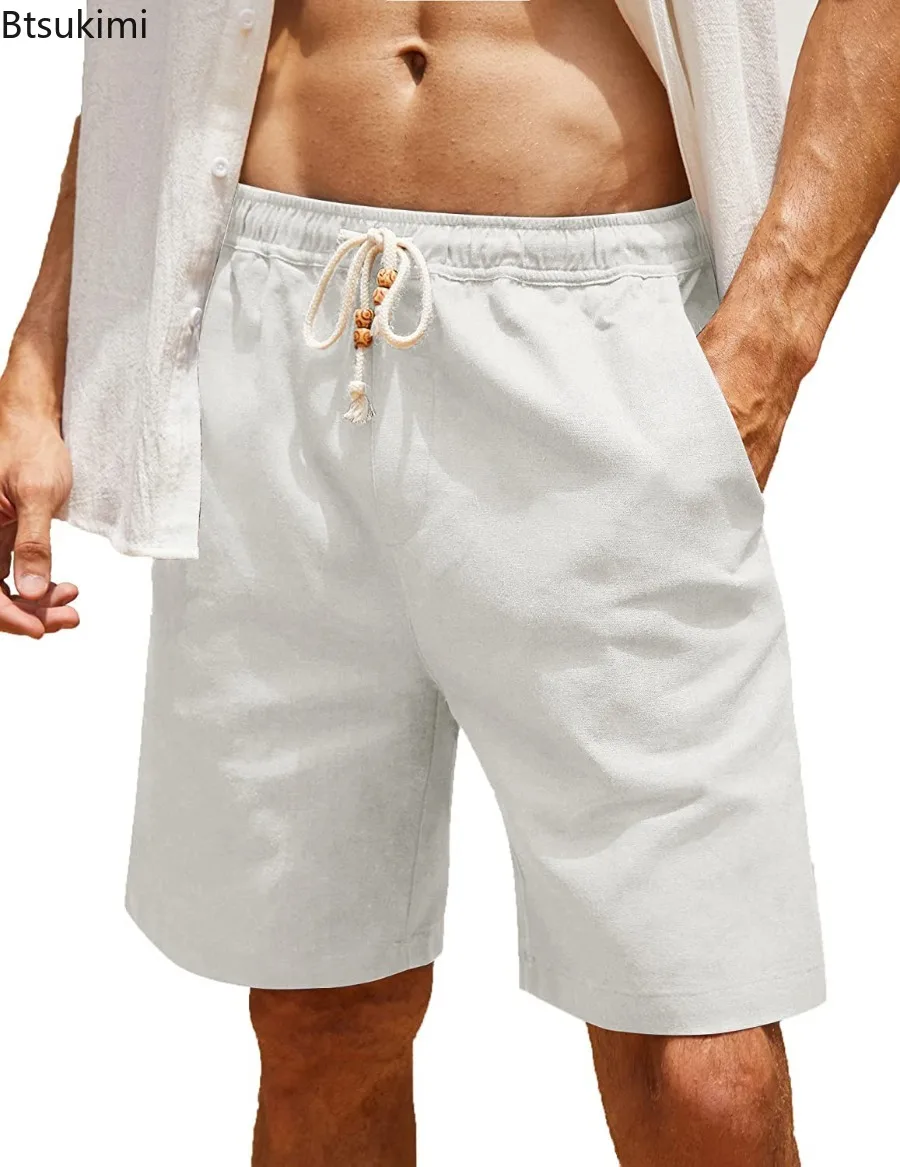 Summer Casual Shorts for Men Solid Breathable Cotton Linen Pocket Beach Pants Men's Loose Drawstring Straight Leg Sport Shorts