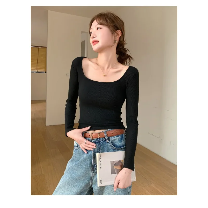 Women's Ribbed Scoop Neck Long Sleeve Camisole Top Lightweight Fitted Spring T-Shirt Softly Warm Simple