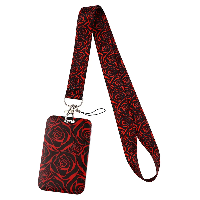 Rose Flowers Anime Lanyard Badge Holder ID Card Lanyards Mobile Phone Rope Key Lanyard Neck Straps Keychain Key Ring