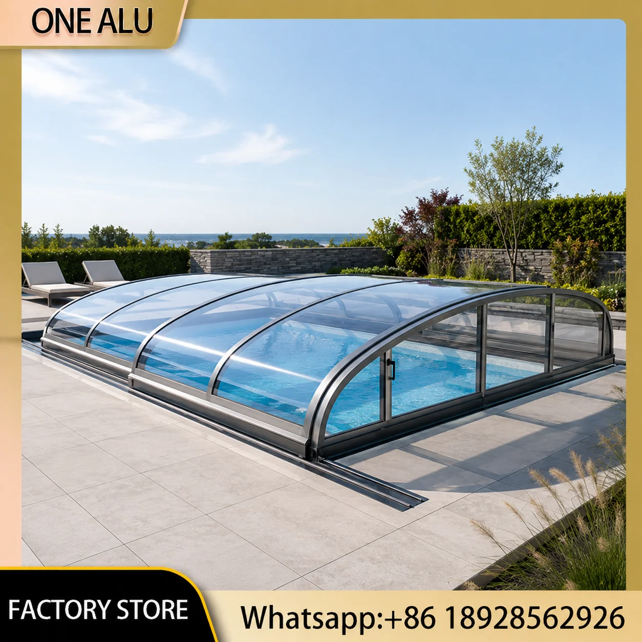 Motorized Retractable Pool Dome with Hard Cover and Mobile Glass Sunroom Featuring Remote Control and Weatherproof Sealing