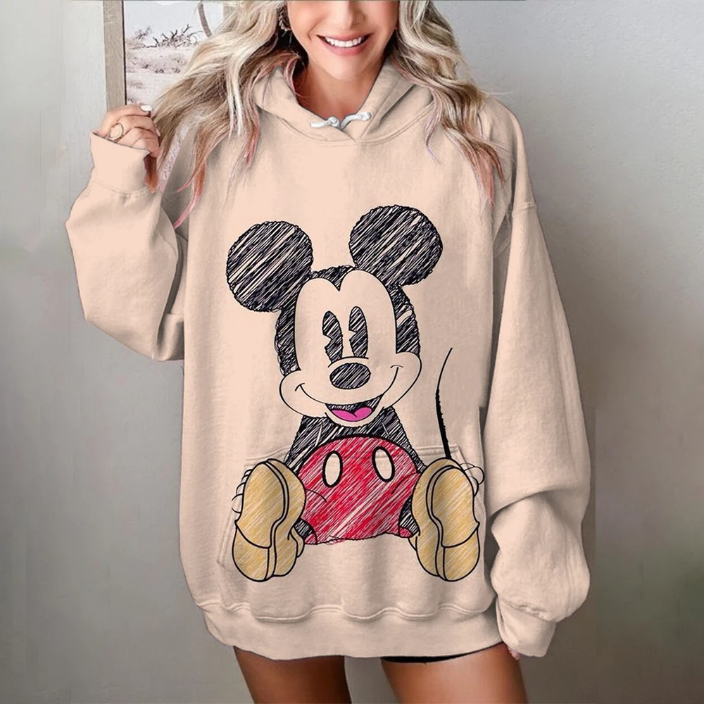 Disney 2024 Fall New Fashion Casual Cartoon Mickey Mouse Mickey and Minnie Print Slim O-Neck Long Sleeve Sweatshirt