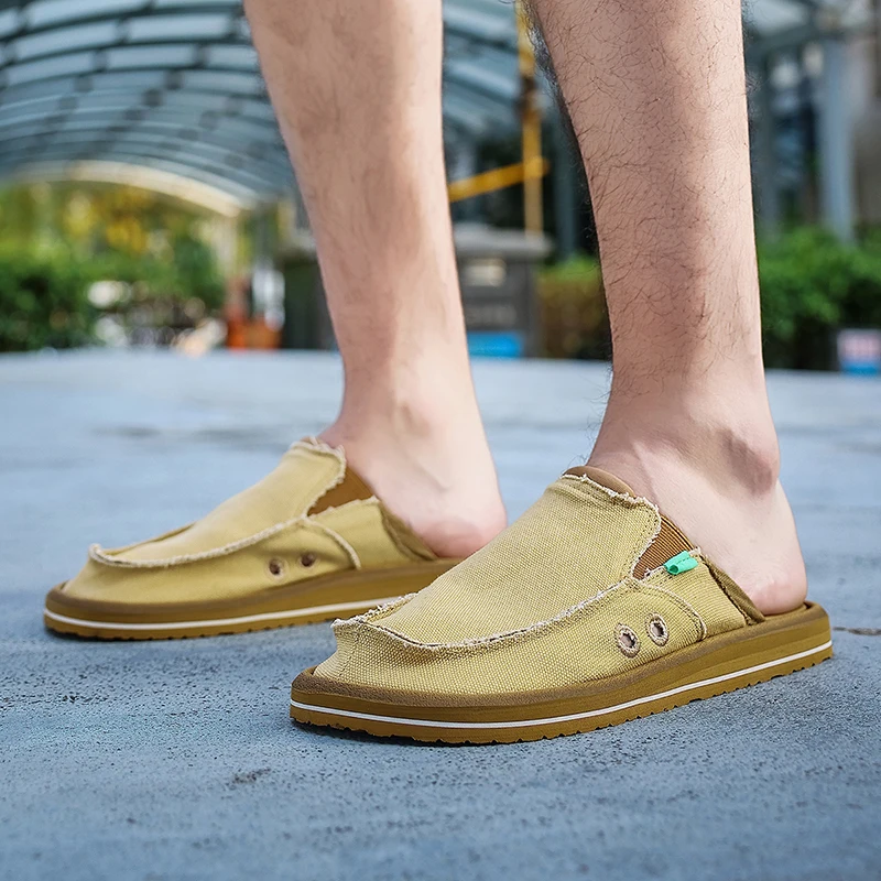 Plus size 39-47 Canvas Man Mules Closed Toe Slides Half Shoes For Men Slip On Backless Loafers Slippers Semi-Drag Casual Shoes