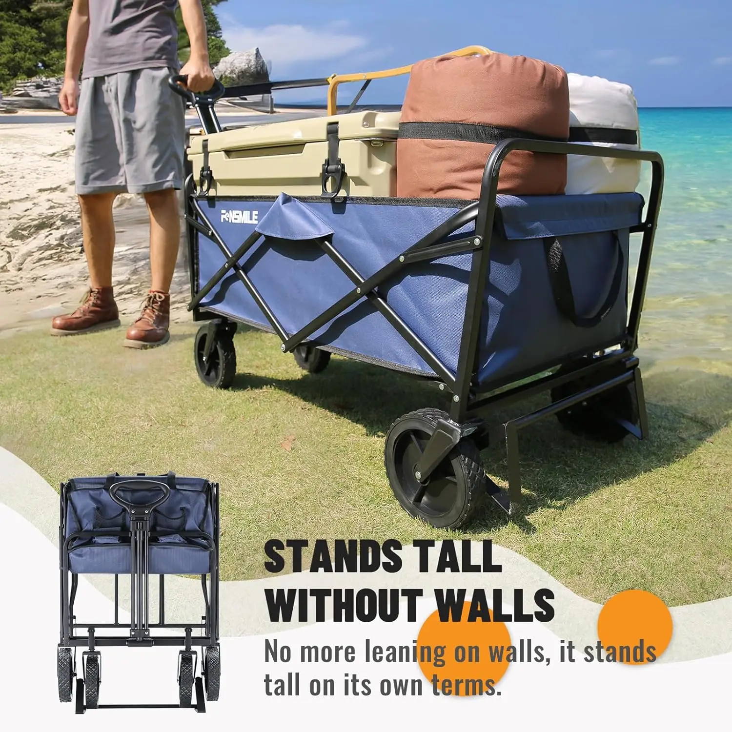 Folding heavy duty station wagon easily carries camping equipment beach chairs garden tools and deep sea military blue