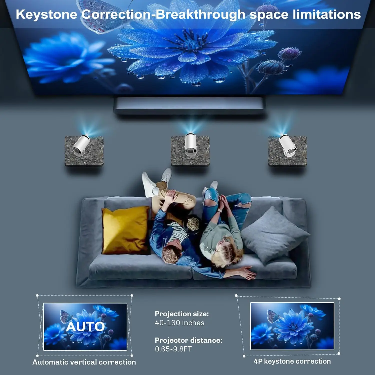 Mini Portable Projector 4K WiFi BT 5.2 Full HD for Phone PC TV HDMI PS5 Auto Keystone Home Theater White