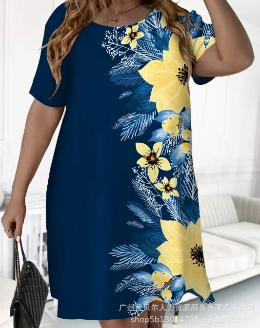 

Women's Straight Dress 2024 Summer Fashionable Casual Flower Print Short Sleeved Dress with Contrasting Round Neck Home Dre