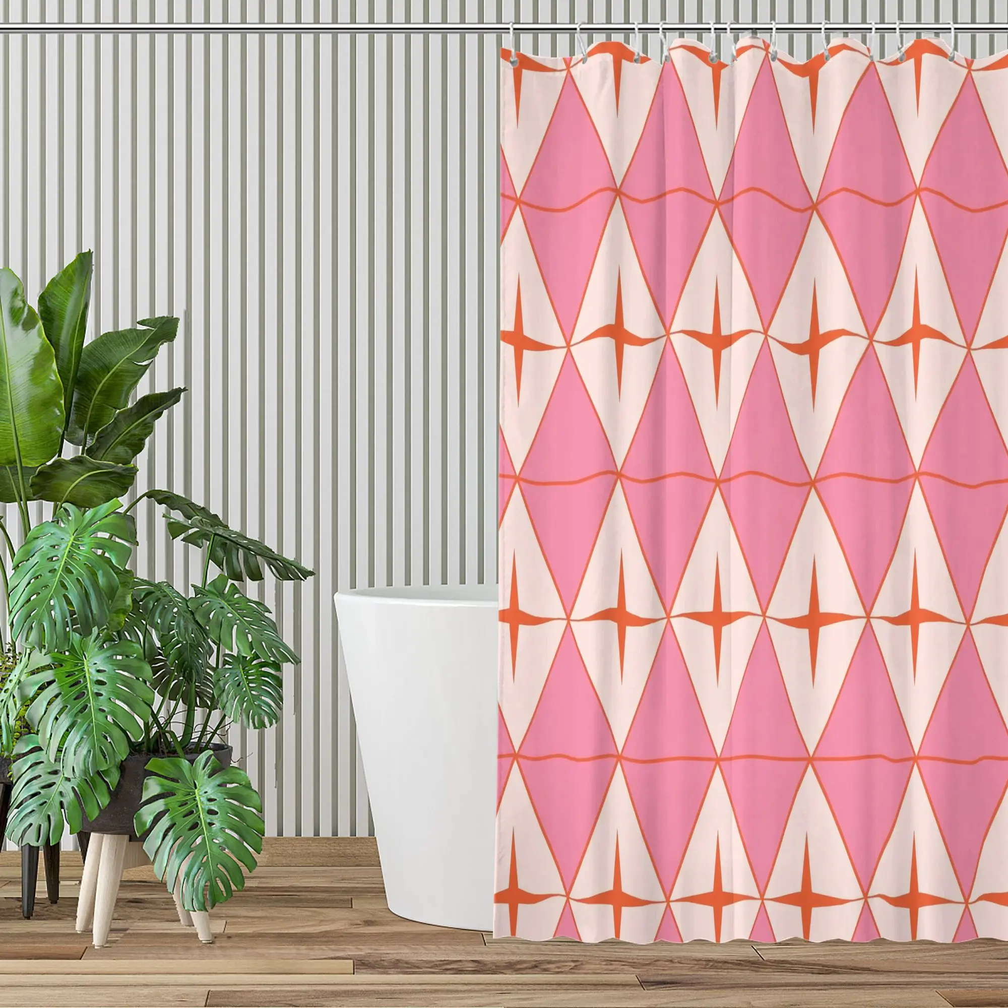 Mid-Century Shower Curtain – Pink & White Diamonds with Orange Atomic Starbursts, Polyester, 12 Hooks, Water-Resistant