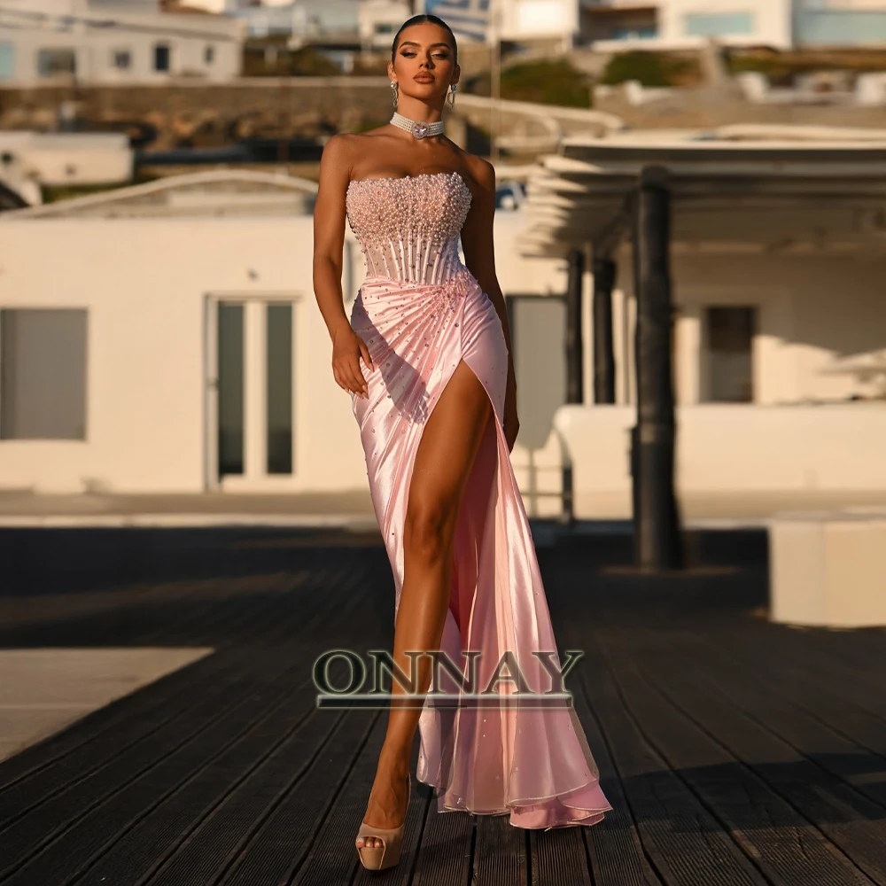 

Сказочный корсет по индивидуальному заказу, вечерние платья без бретелек с жемчугом и разрезом, рюшами и бусинами, прямые платья Кувейт Vestidos De Gala Plus