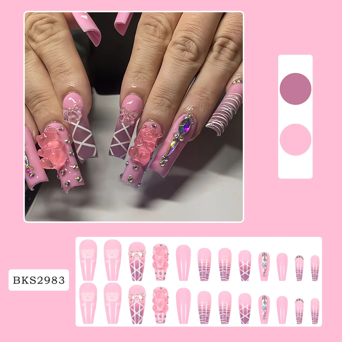 Long Ballerina False Nails Press on Nails Serpentine Flower with Rhinestones Bear French Fake Nails Wearable White Nail Tips