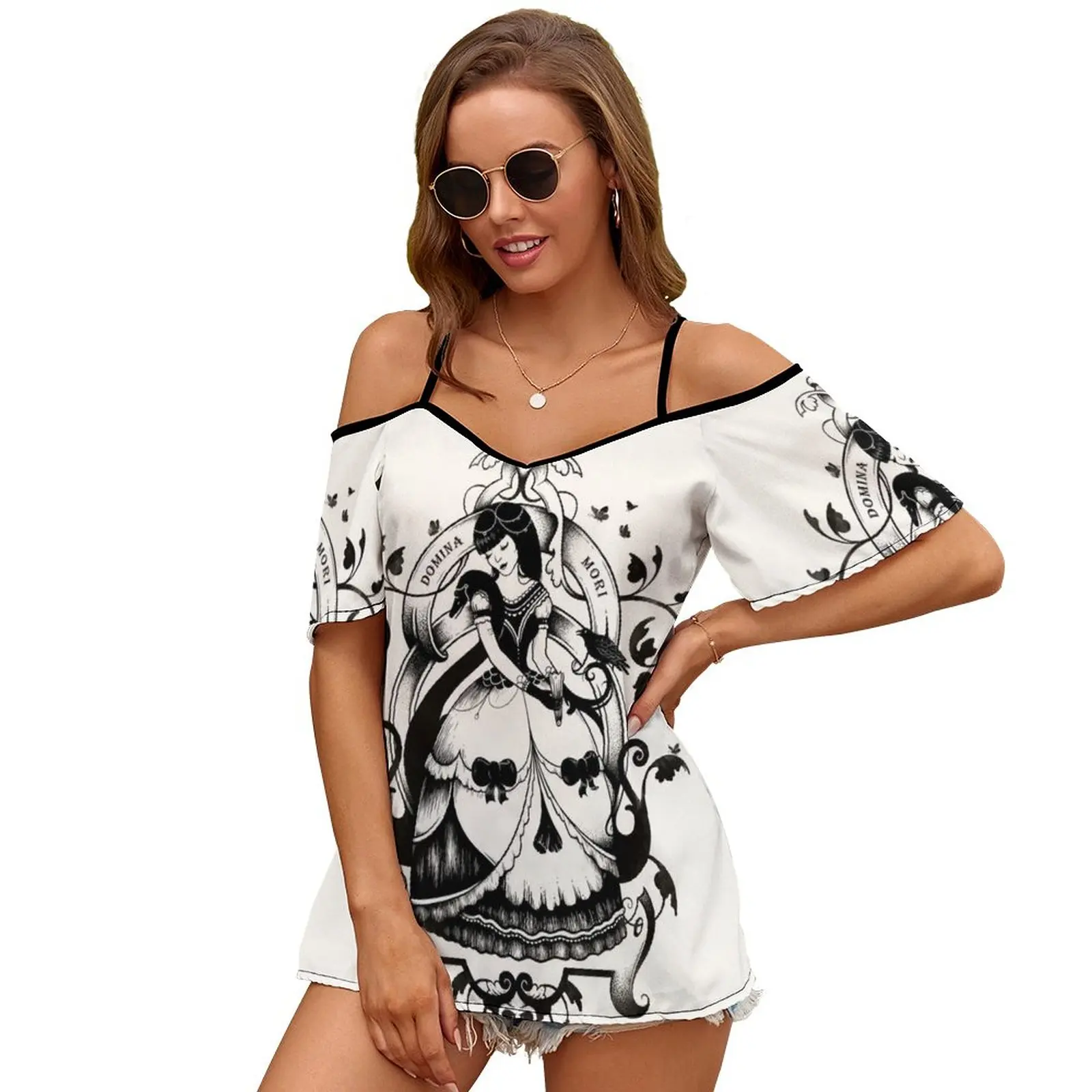 Mrs. Death Ii Women Short Sleeve Tops O-Neck Hollow Out Shoulder Strap Tees Streetwear Girls Skull Dark Black Swan Crow