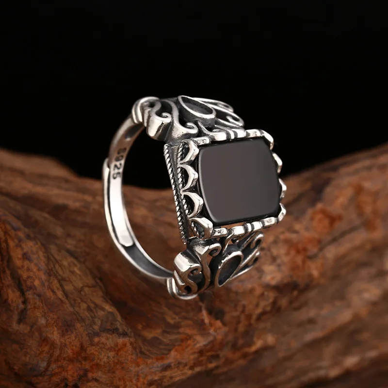 S925 Sterling Silver Black Agate Adjustable Ring Punk Style Old Process Flower Free Size Women Fine Jewelry FYRNG161