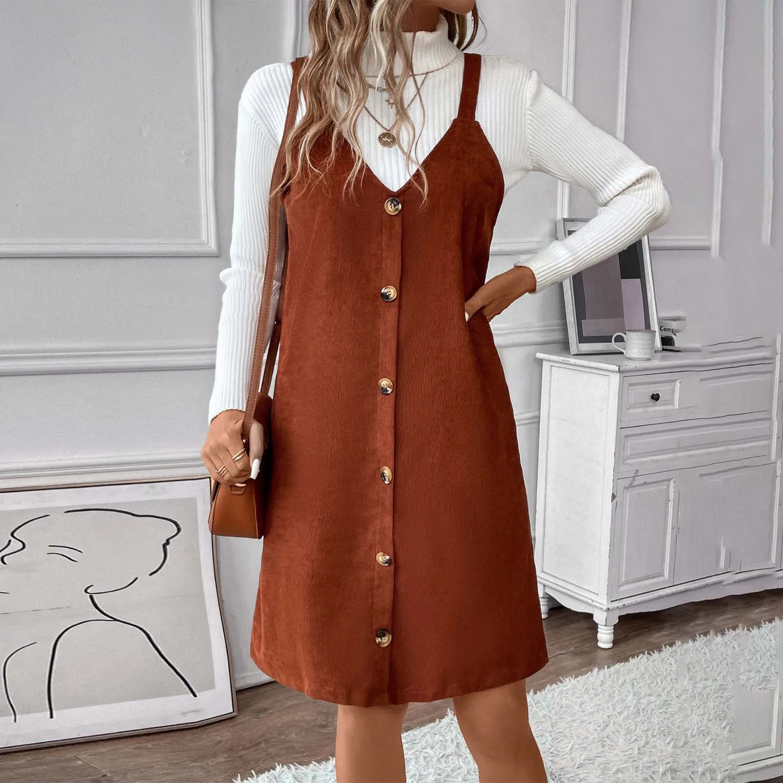 

Women'S Corduroy Linen Dress Women Vintage Temperament Mini Tunic Autumn Party Collarless Elegant Korean Style Sexy Sweet Girls