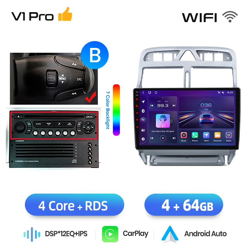 Junsun draadloze CarPlay Android Auto autoradio voor Peugeot 307 (Hatchback/SW/CC) 2001-2008 met ingebouwde koelventilator, Android GPS navigatie, multimediaspeler, WiFi, DSP, RDS, BT, SWC, IPS