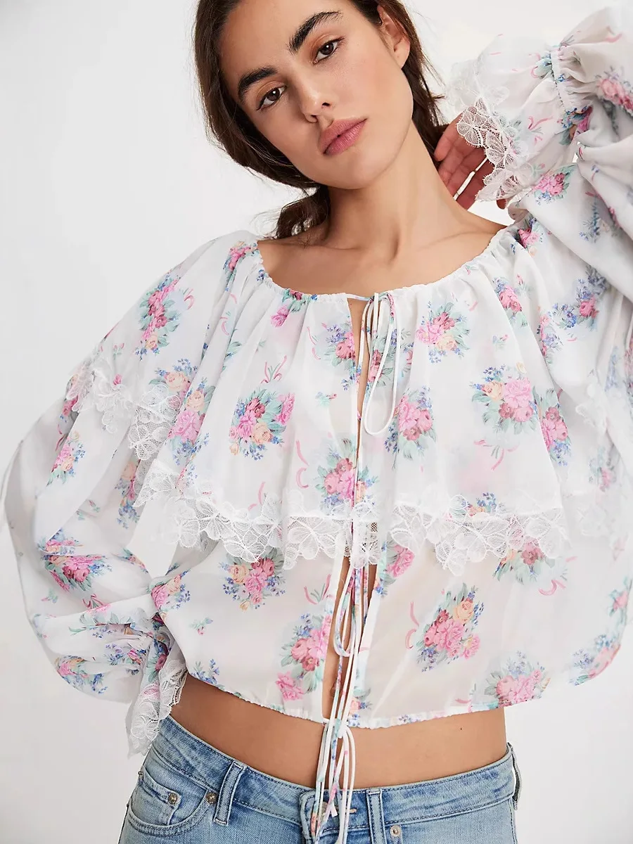 2025 New Women‘s Print Shirt, Casual Oversize Loose Style, Floral Lace Chiffon Blouse