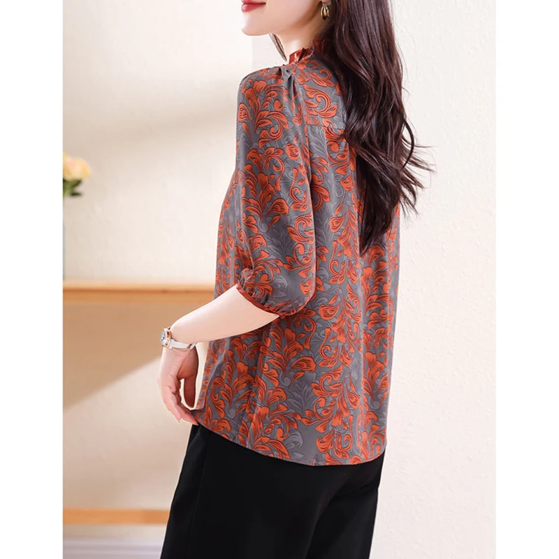 Women Vintage Ruffle Lace Patchwork Blouses Korean Fashion Print V Neck 3/4 Sleeve Shirts Elegant Chic Slim Tops Blusa Feminina