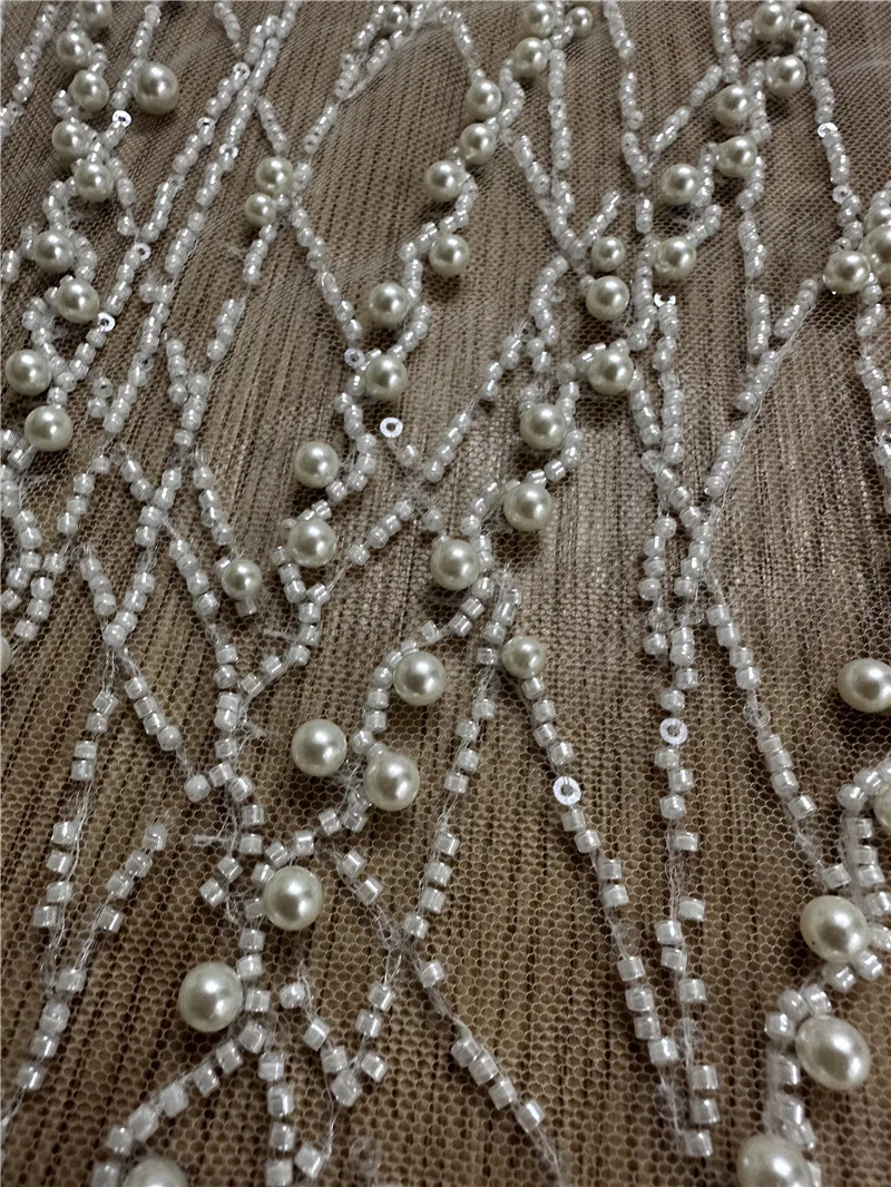 High Quality Hand Sew Pearls Off White Unique Wedding Dress Embroidery Beaded Sequins Lace Fabric Sell By 1 Yard