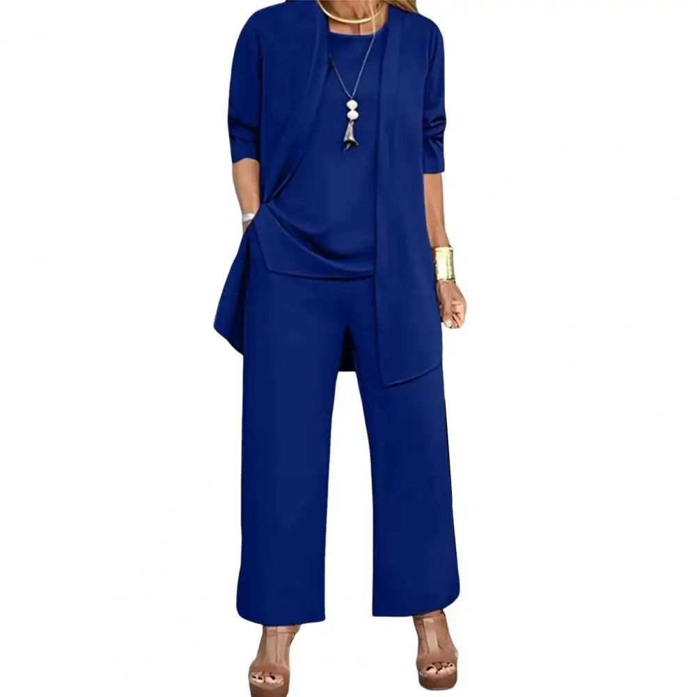 

Casual Round Neck Top Wide-leg Pants Set 3 Pcs Women's Casual Outfit Set Long Sleeve Cardigan with Sleeveless Vest for Spring
